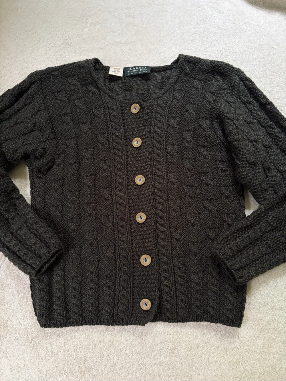 Green Blarney Woolen Mills Irish Merino Wool Button Front Fisherman Cardiga